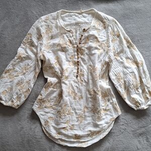 Anthropologie Modern Cottage White & Gold Button-Up Blouse Size Medium